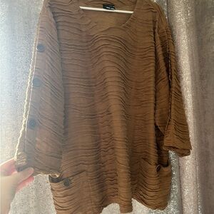 Brown Textured Button Sleeve Top
